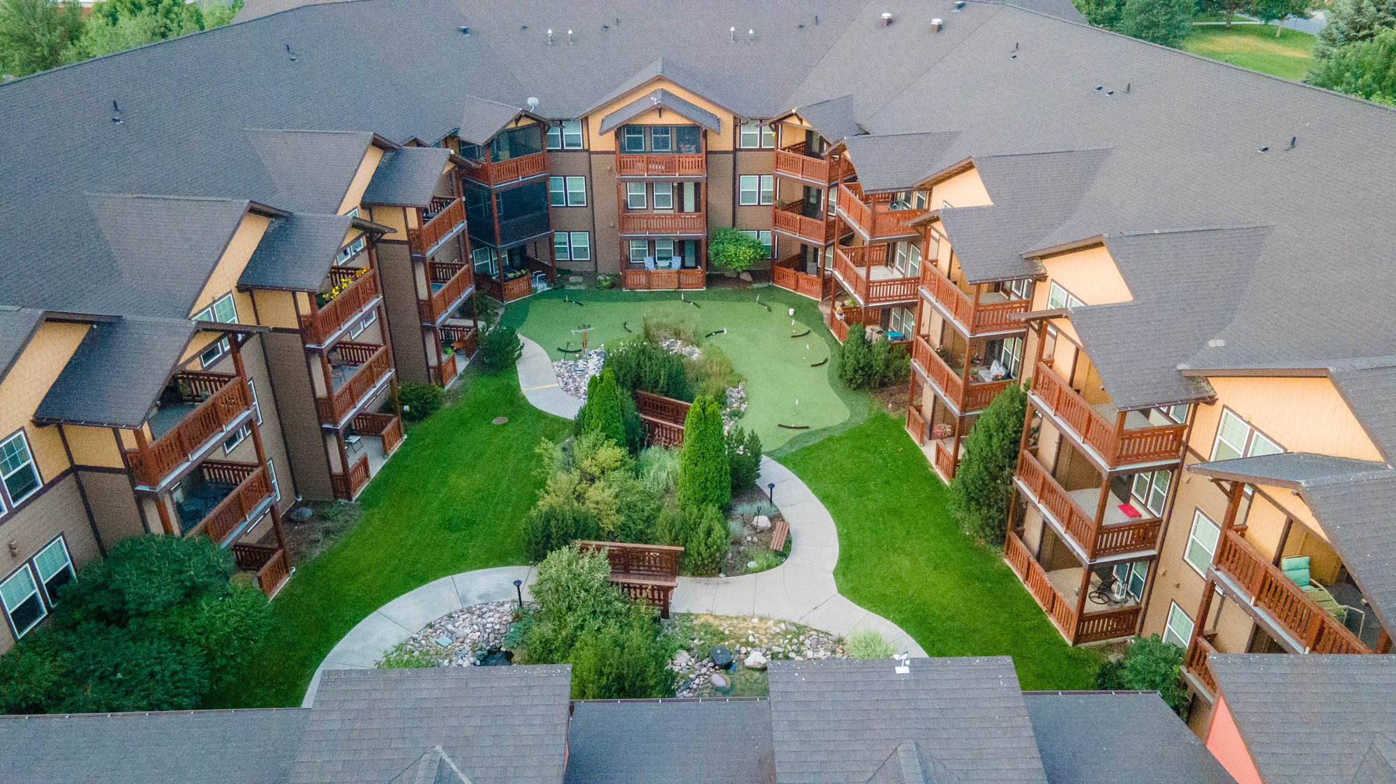 Courtyard drone shot of The Springs at Missoula