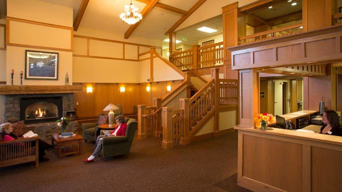 Fireplace sitting area at Clackamas Woods community