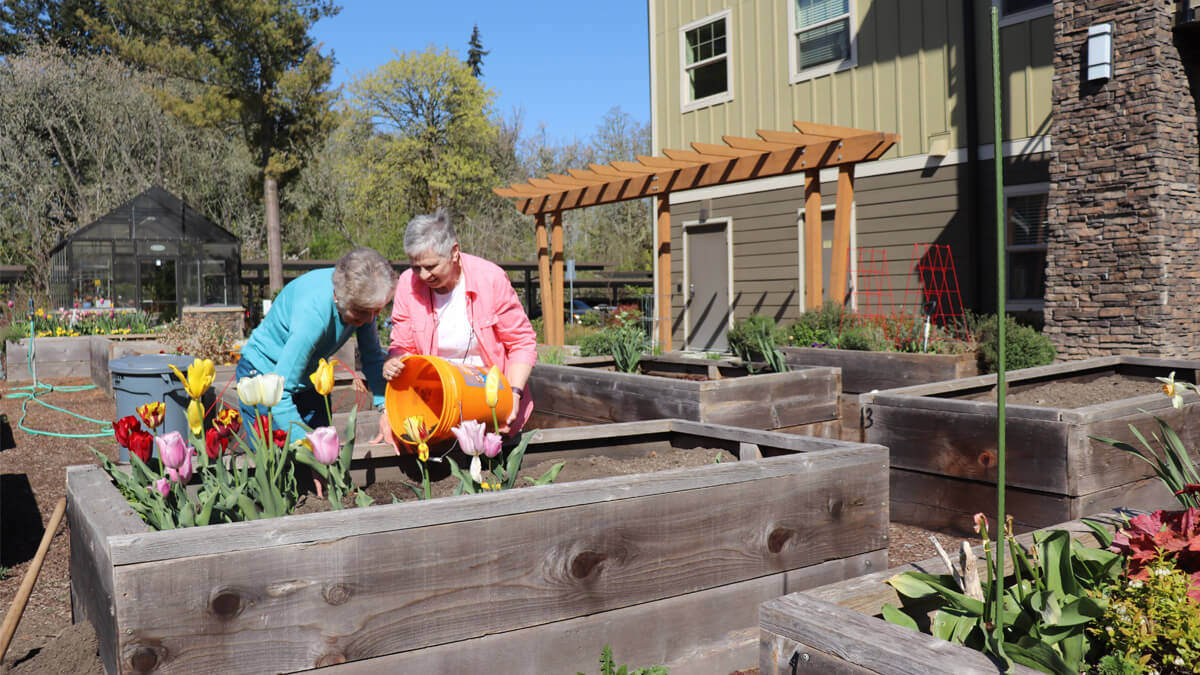 Residents gardening at the Lancaster Village community